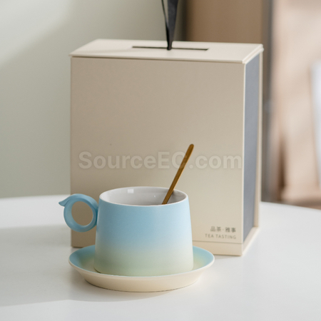 Customization  Gradient Ceramic Coffee Cup Gift Box with Wooden Handle Corporate Gifts