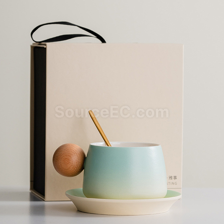 Customization  Gradient Ceramic Coffee Cup Gift Box with Wooden Handle Corporate Gifts