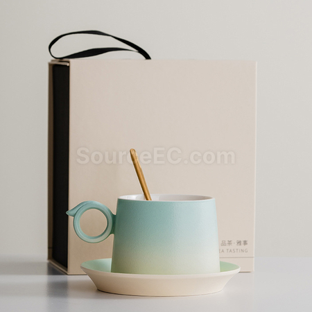 Customization  Gradient Ceramic Coffee Cup Gift Box with Wooden Handle Corporate Gifts