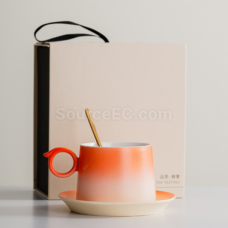 Customization  Gradient Ceramic Coffee Cup Gift Box with Wooden Handle Corporate Gifts