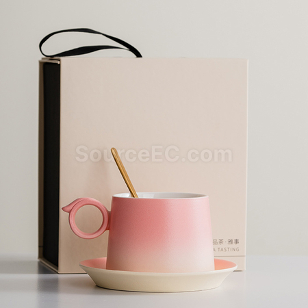 Customization  Gradient Ceramic Coffee Cup Gift Box with Wooden Handle Corporate Gifts