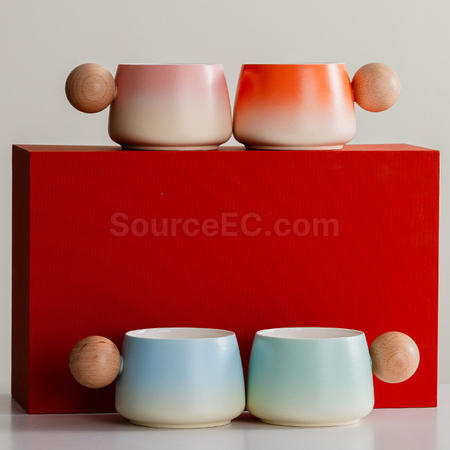Customization  Gradient Ceramic Coffee Cup Gift Box with Wooden Handle Corporate Gifts