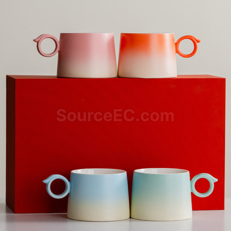 Customization  Gradient Ceramic Coffee Cup Gift Box with Wooden Handle Corporate Gifts