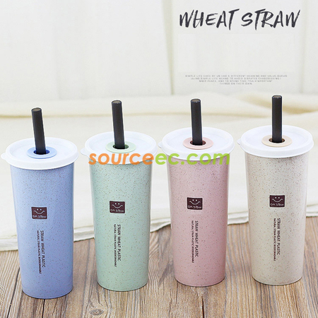 450ML Wheat Straw Double Cover Tape Sucker Leakage Cup