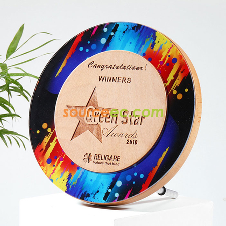 Customization Round Acrylic And Wooden Trophy Corporate Gifts
