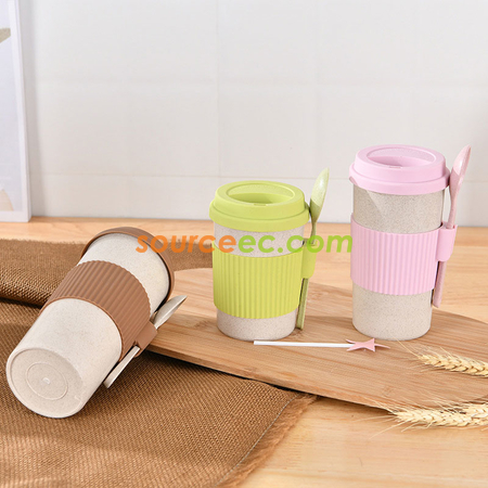 Customization 350ML Wheat Straw Coffee Cup with Spoon Corporate Gifts