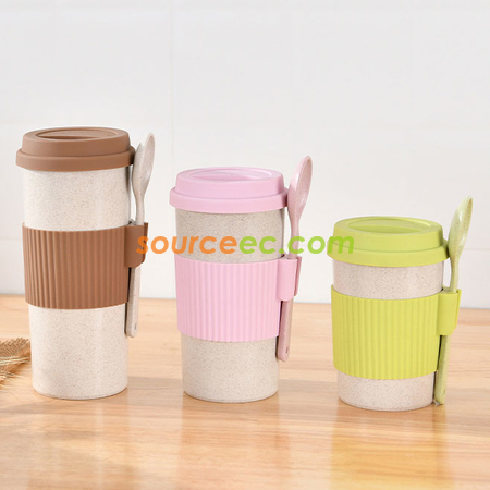 Customization 350ML Wheat Straw Coffee Cup with Spoon Corporate Gifts