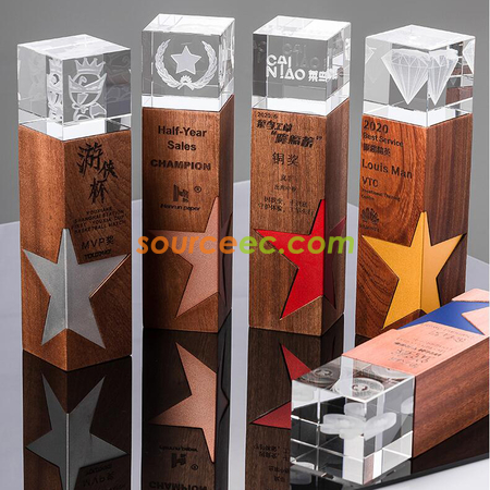 Customization Star Solid Wood Crystal Trophy Corporate Gifts