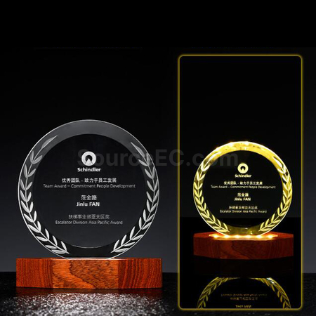 Customization Luminous Solid Wood Base Crystal Corporate Gifts
