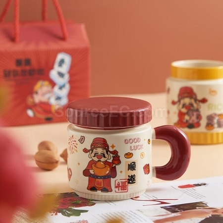 Customization Cartoon God Of Wealth Cup Ceramic Mug Corporate Gifts