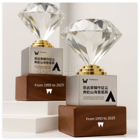Customization Diamond Crystal Solid Wood Trophy Corporate Gifts