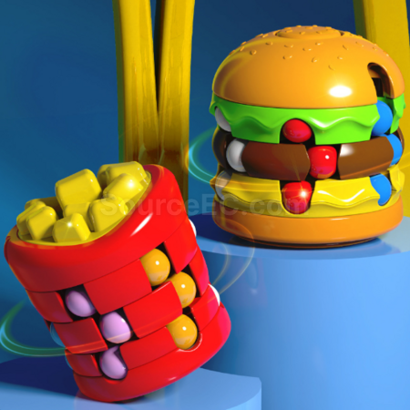 Hamburger, French fries, magic beans, Rubik's cube, fidget spinner, stress-relief toys