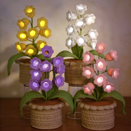 Handmade crocheted 9-headed bellflower with lights wool potted plant
