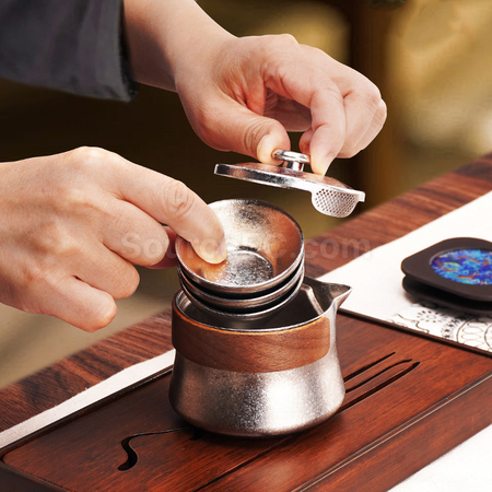 Customization Pure Titanium Tea Set With One Pot And Three Cups Corporate Gifts